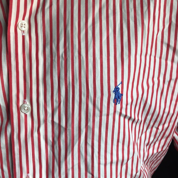 🚨B2G1 POLO RALPH LAUREN Red White Striped Short Sleeve Cotton Button Up - Picture 3 of 4